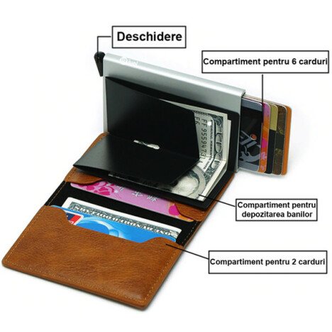 Portofel RFID iUni P1, 8 carduri, Print crocodil Maro